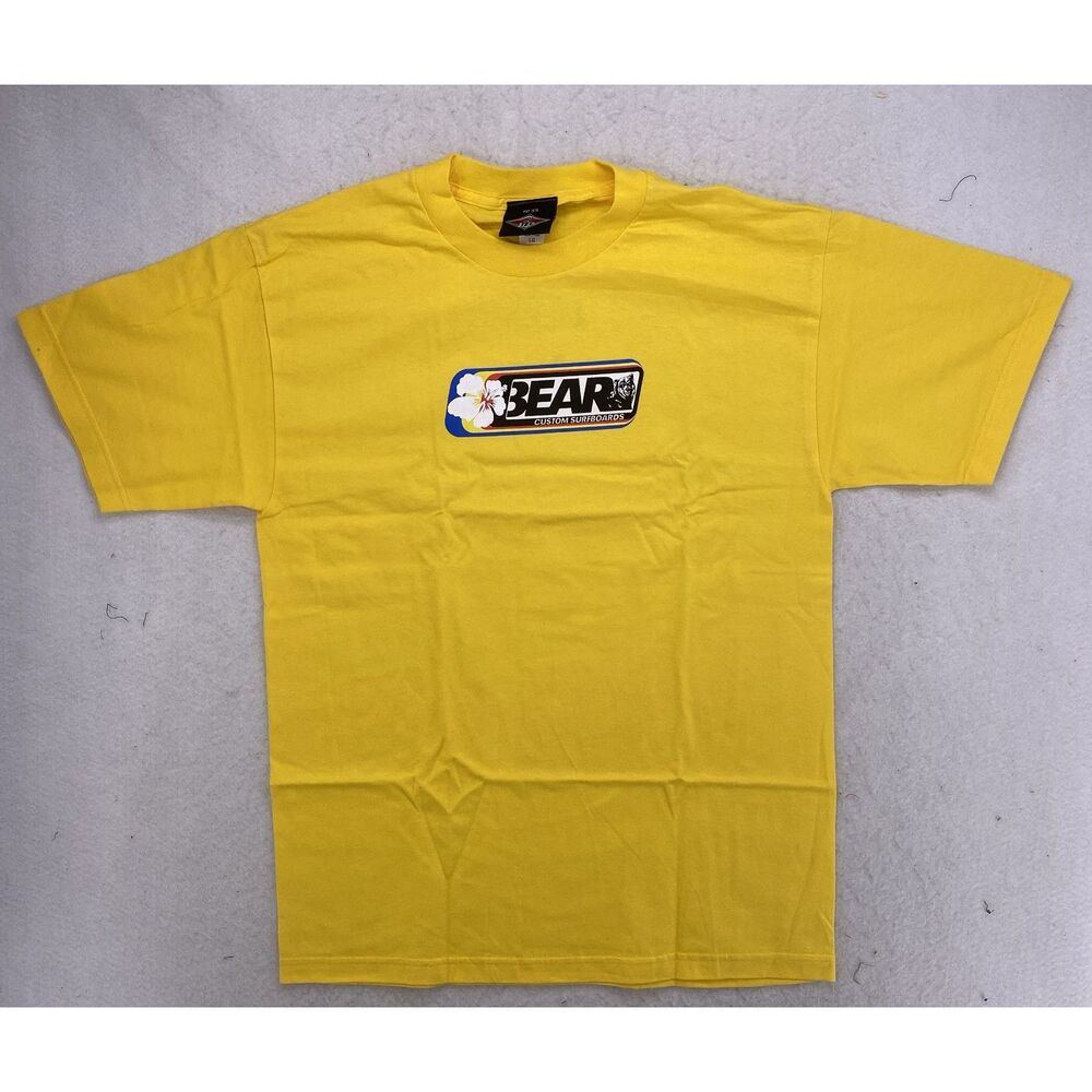 Vintage 90s Bear Surfboards Graphic T Shirt Mens Large Yellow Surf Deadstock NOS